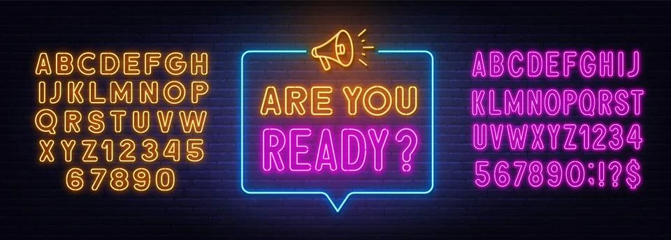 Are You Ready neon sign in the speech bubble on brick wall background. Stock Illustration
