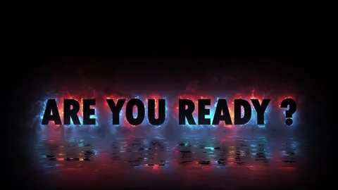 Are You Ready? text animation loop with fiery glow and reflections on dark Stock Footage 334104657