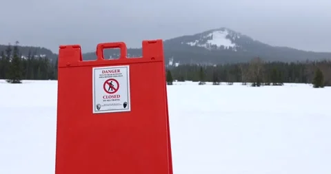 Area closed for bear &amp; wildlife activity caution/warning/danger sign, snowy day Stock-Footage 334631076