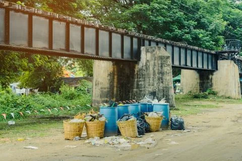 The area that dumped garbage under The Bridge of the River Kwai in Kanchanabu Stock Photos
