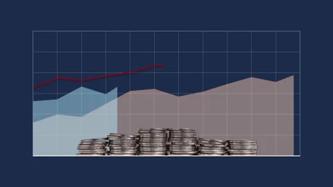 Area graphs and line graph with a pile of coins. Stock Footage 232642077