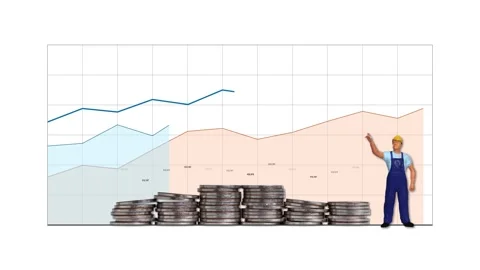 Area graphs and line graph with a pile of coins. Stock Footage 232642088