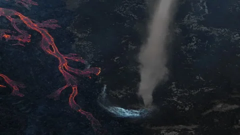 Area near an active volcano, hot lava, pyroclastic flows, lahars, aerial view Stock Footage 262480980