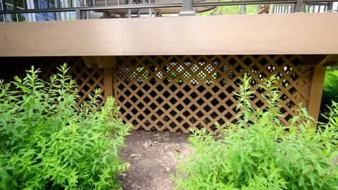 The area underneath of a raised wooden deck, enclosed with brown crisscross Stock Footage 311495641