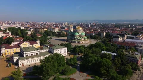 An areal cityscape of Sofia, Bulgaria with a focus on the majestic Saint Stock Footage 285768800