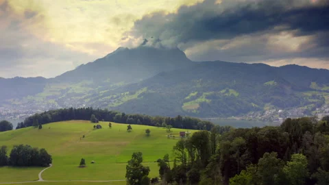 Areal Drone Flight over Forest to Mount Pilatus Swiss Alps Lake Lucerne Stock Footage 157860718