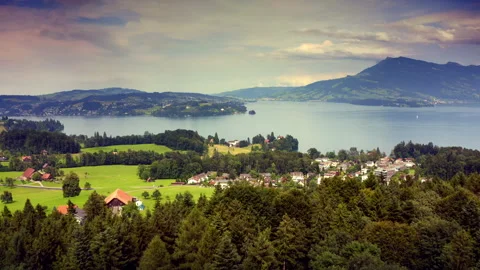 Areal Drone Flight over Forest to Mount Rigi Swiss Alps Lake Lucerne Stock Footage 157860741