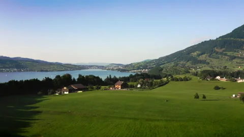 Areal Drone Flight over landscape to Mount Rigi Küssnacht Lake Lucerne Stock Footage 157945636