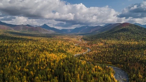 Areal drone hyperlapse, beautiful river in valley, Ural mountains, Russia Stock Footage 96526423