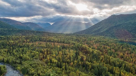 Areal drone hyperlapse, sunlights, Ural mountains, Russia Stock Footage 96526177