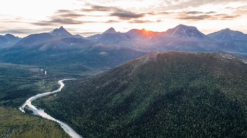 Areal drone hyperlapse, Sunset, Ural mountains, Russia Stock Footage 96585994