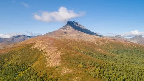 Areal drone hyperlapse, Ural mountains, Manaraga mountain, Russia Stock Footage 96585964