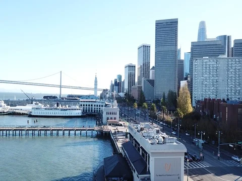 Areal Drone San Francisco with historical ship bay bridge and skyline Stock Footage