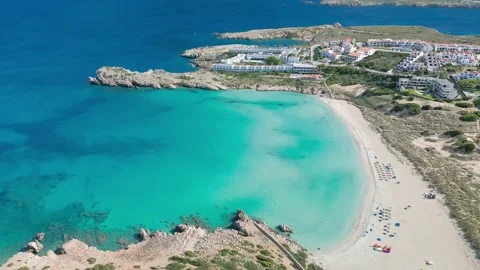 Areal drone view of Arenal de Son Saura beach at Menorca island, Spain Video stock 307218375