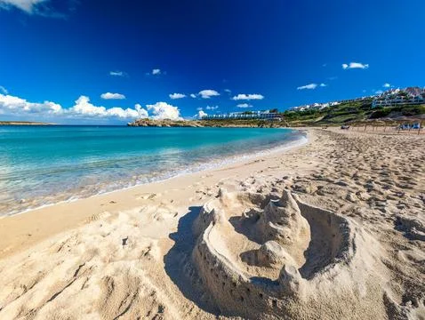 Areal drone view of Arenal de Son Saura beach at Menorca island, Spain Stock Photos