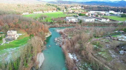 Areal drone view of Arno River approach Tuscany Italy Stock Footage 168590455