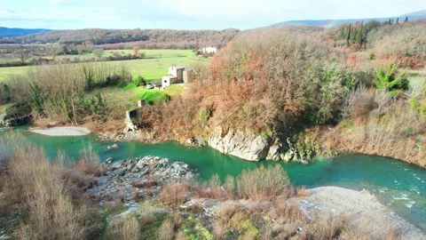 Areal drone view reverse of Arno River in Tuscany Italy Stock Footage 168590721
