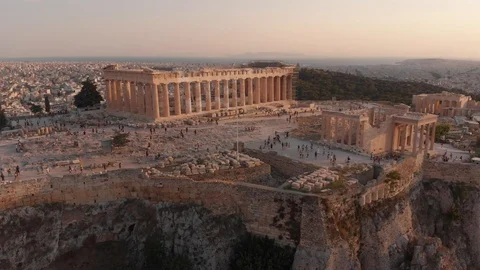 Areal of a sunset in parthenon, Athens Stock Footage