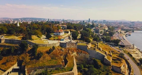 Areal Video of Belgrade fortress with panoramic Belgrade city. Stock Footage