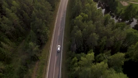 Areal view of car driving in forest road towards sunset Video stock 245653665