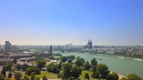 Areal View of Cologne in Summer with Cathedral, Hohenzollern Bridge and Rhine Stock Footage