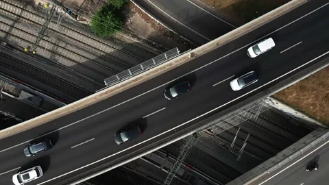 Areal view of huge road junction with railways, slow motion, 4k. Stock Footage 155981066