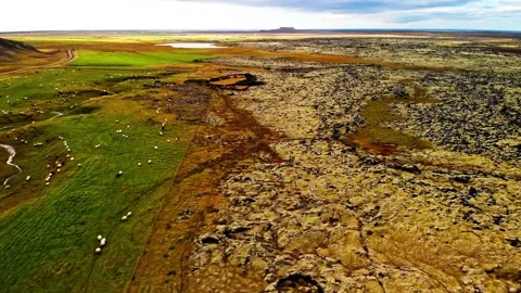 Areal view of the lava field landscape and green fields in iceland on a clo.. Stock-Footage 341068563