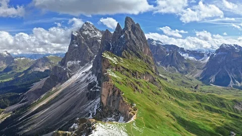 Areal view of Seceda in Dolomites with blue sky Stock Footage 118642099