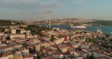 An areial view of the Bosphorus Bidge over Istanbul rooftops. Otrakoy. Istanbul. Stock Footage 93145648