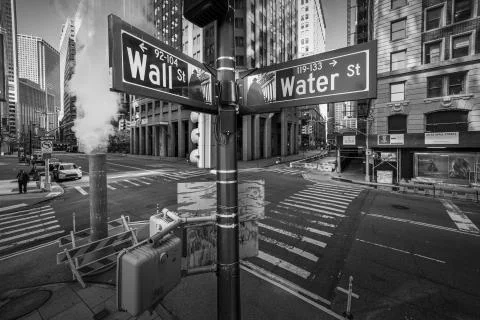 Areial view of Wall Street road sign on the corner of Wall St. and Water St. Stock Photos