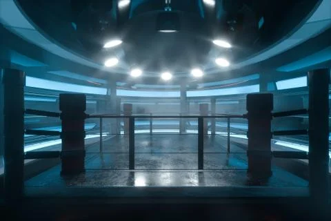 The arena in a dark room, 3d rendering. Illustrazione stock