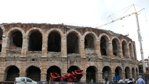 Arena di Verona, with cranes while setting up a scene inside, a destination for Stock Footage 99686746