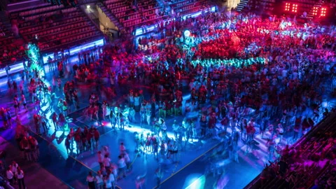 Arena Party Crowd in Motion, High-Angle Timelapse Stock Footage 342843661