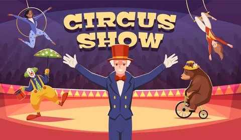 Arena performance poster. Circus show invitation, entertainers, acrobats, clown Stock Illustration