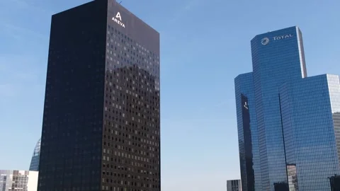 The Areva Tower CB1 and Total Tower Couple in Paris La Défense by drone Stock Footage 254098472