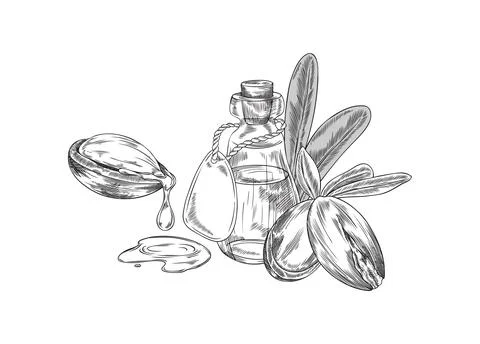 Argan tree open nut with oil drop, leaves and bottle of oil engraved vector.. Illustrazione stock
