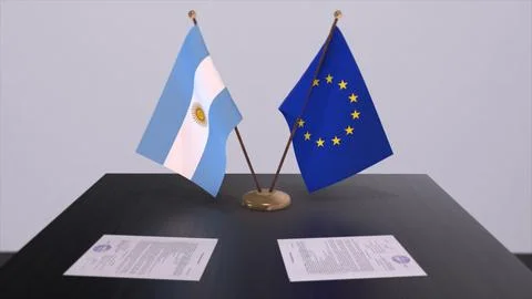 Argentina and EU flag on table. Politics deal or business agreement with co.. Stock Illustration