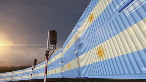 Argentina export containers on cargo train wagons loop Stock Footage 339152822