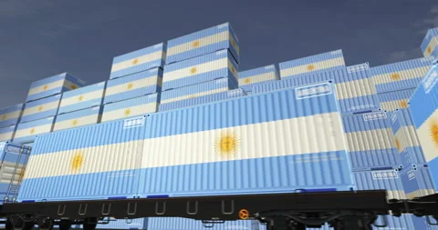 Argentina export containers on cargo train wagons loop Stock Footage 339153056