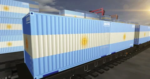 Argentina export containers on cargo train wagons loop Stock Footage 339153617