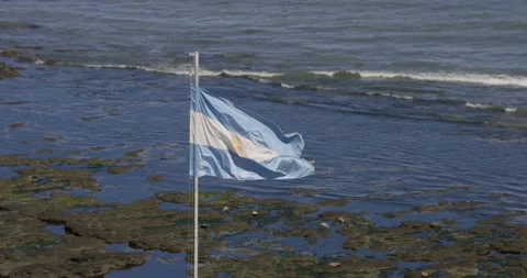 Argentina flag blowing in the wind with ocean and rocks in the background Stock Footage 172521104