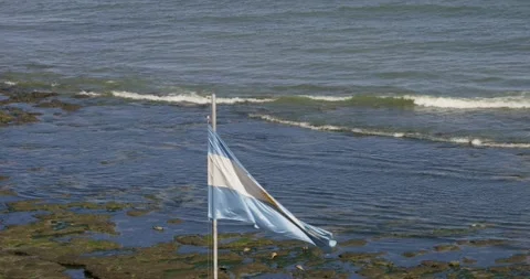 Argentina flag blowing in the wind with ocean and rocks in the background Stock Footage 172521130
