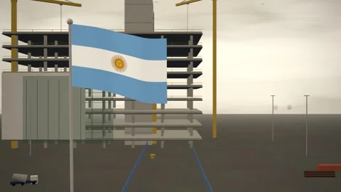 Argentina Flag Flying Over Construction Site Tower Cranes seamless loop 스톡 동영상 344786350