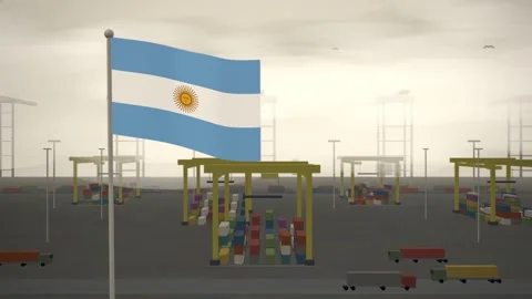 Argentina Flag Flying Over Container Terminal Stacking Yard seamless loop Stock-Footage 344786304