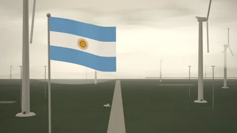 Argentina Flag Flying Over Wind Farm Turbine Field seamless loop Stock Footage 345802592