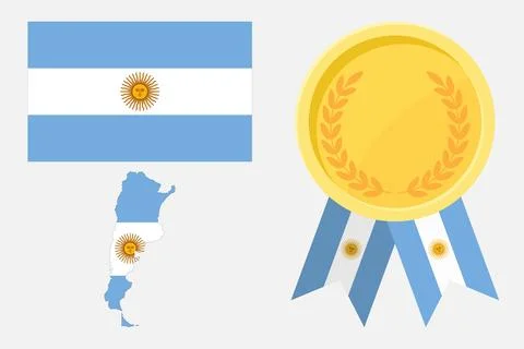 Argentina flag with map and gold medal in set for web and banners or app an.. Stock Illustration
