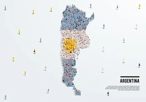 Argentina Map and Flag. A large group of people in Argentina flag color. Stock Illustration