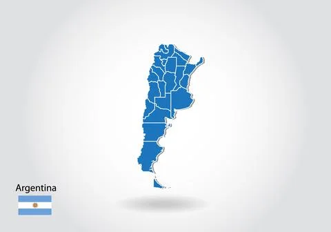 Argentina map design with 3D style. Blue Argentina map and National flag. Sim Stock Illustration