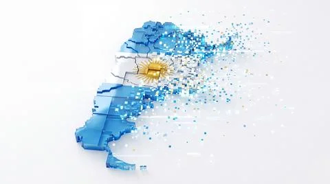 Argentina map featuring digital pixel dispersion effect with golden sun sym.. Stock Illustration