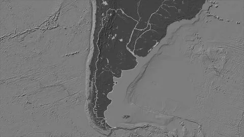 Argentina outlined on a Bilevel elevation map with lakes and rivers Illustrazione stock